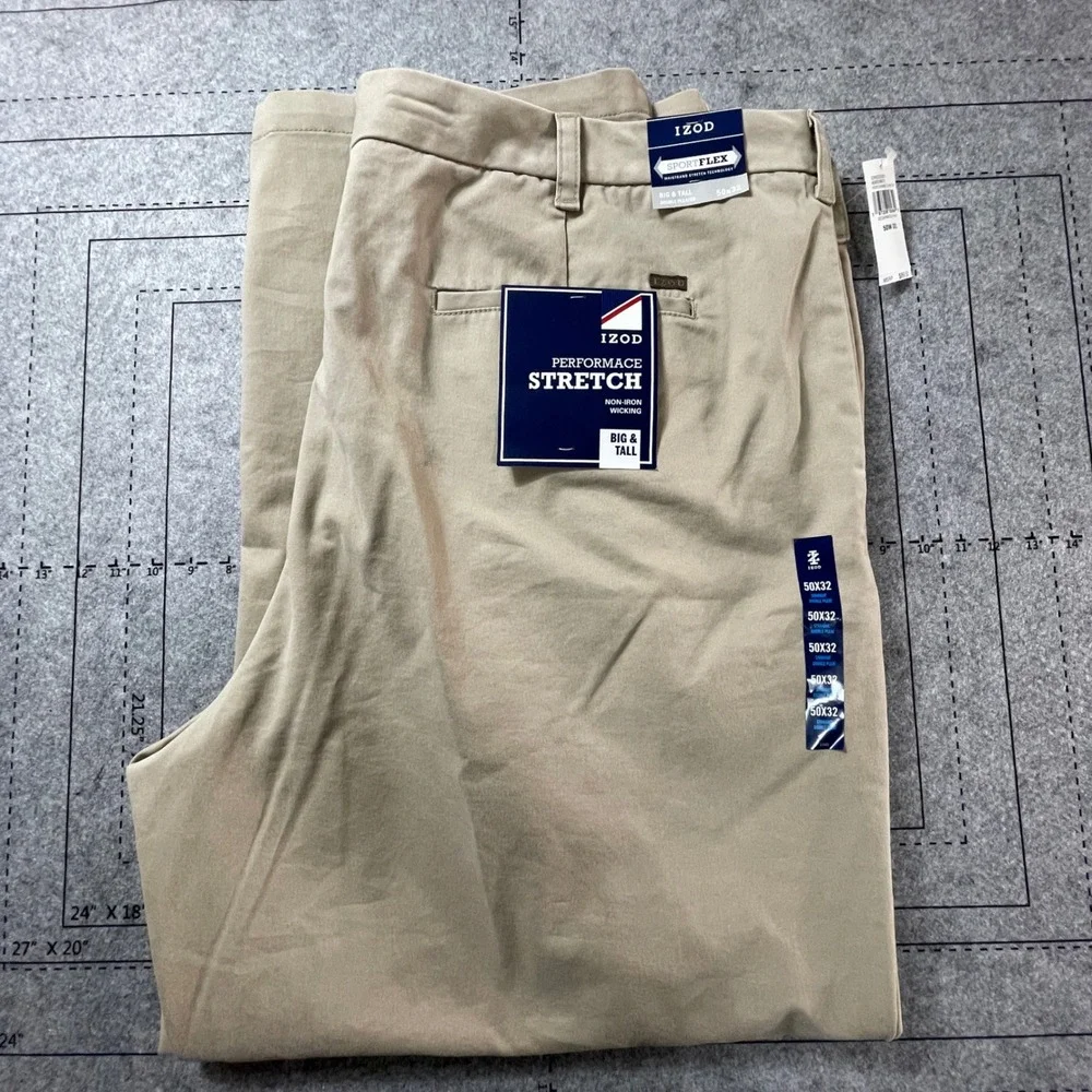 IZOD Performance Stretch‎ Big Tall Chino Pants Cedarwood Khaki 50W 32L